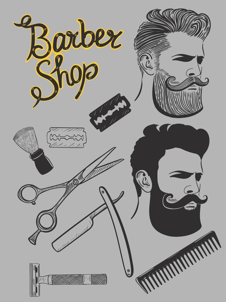 Barbershop-Set mit männlichen Porträts, Inschrift, Werkzeugen für Haarschnitte und Rasur. vektor