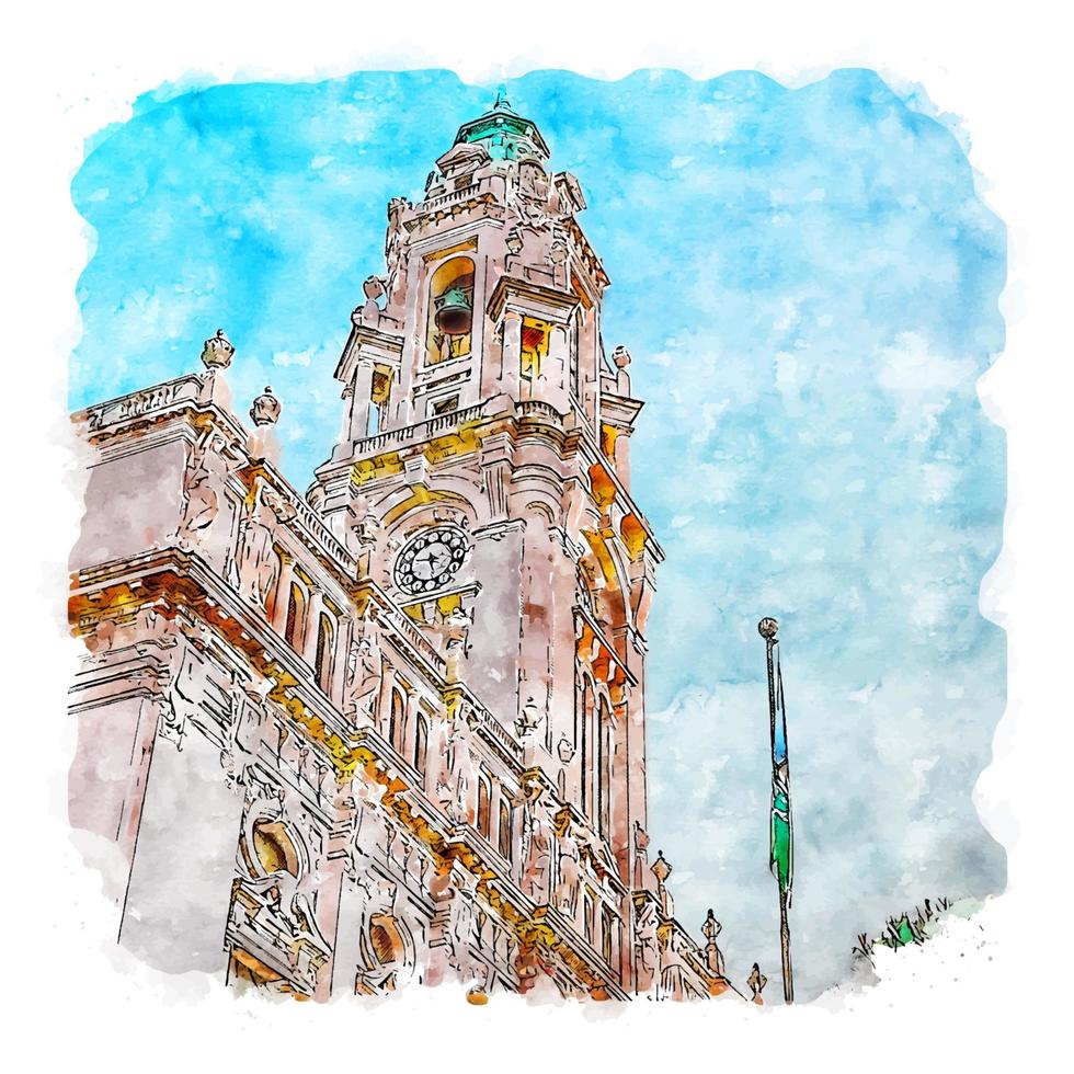 porto rathaus gebäude portugal aquarell skizze handgezeichnete illustration vektor