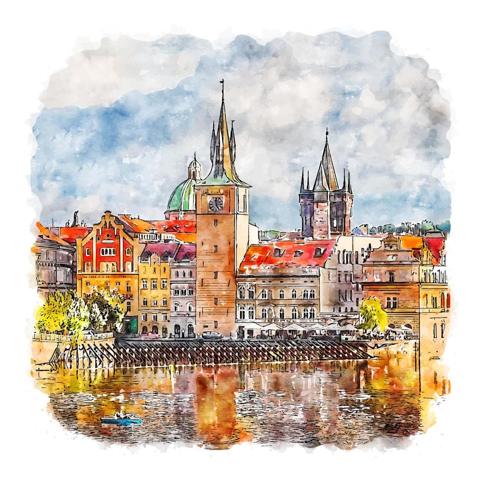 praha stad prag akvarell skiss handritad illustration vektor