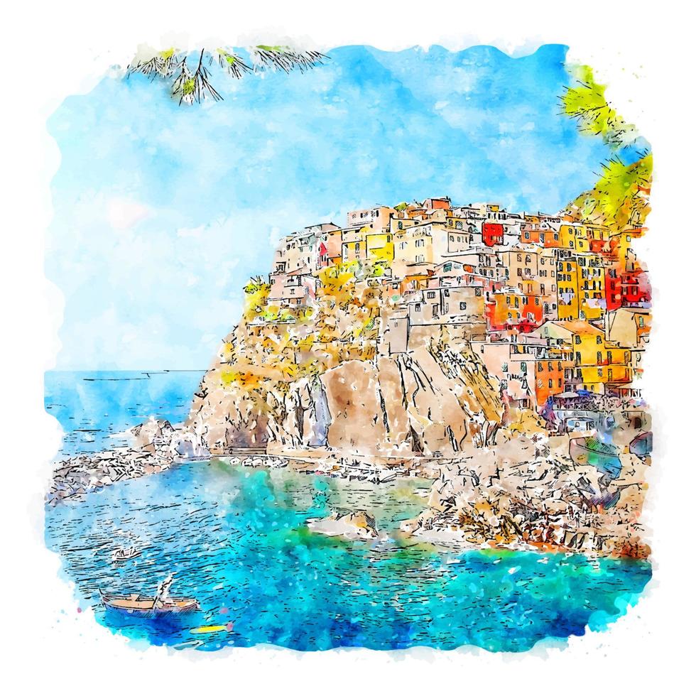 manarola italien aquarellskizze handgezeichnete illustration vektor