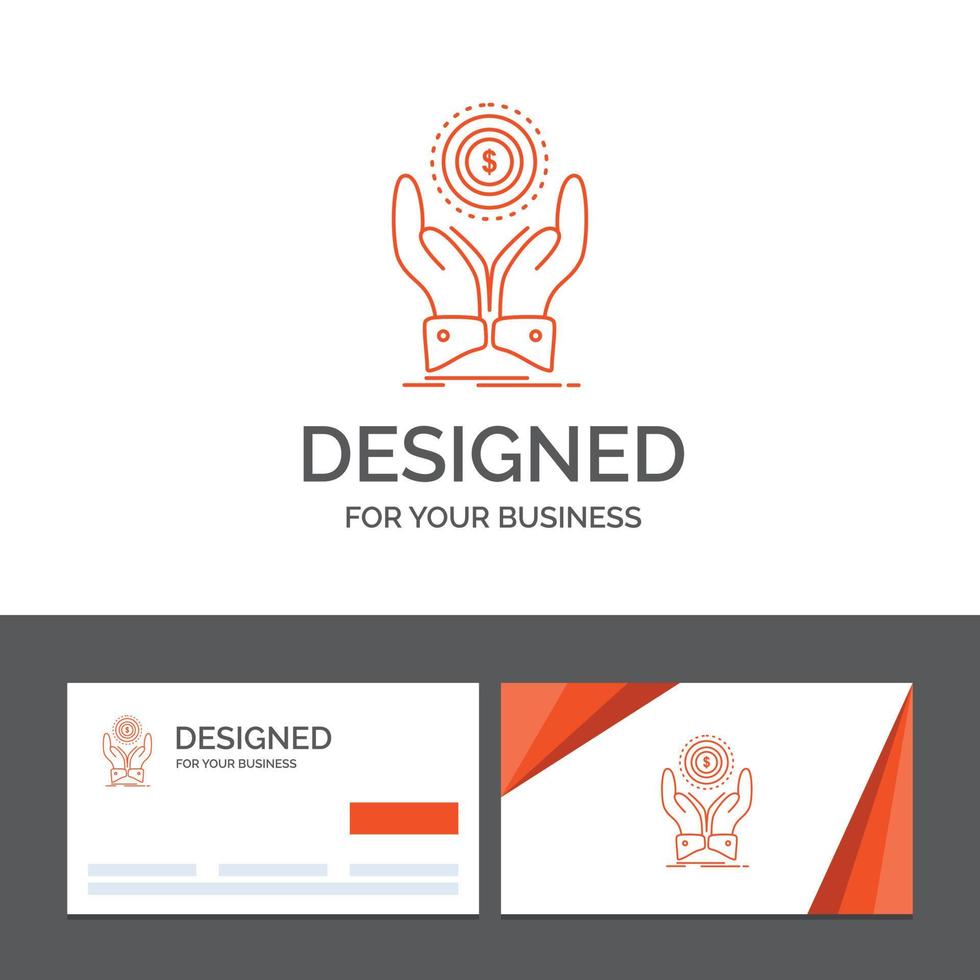 Business-Logo-Vorlage für Münze. Hand. Stapel. Dollar. Einkommen. orange visitenkarten mit markenlogo-vorlage vektor