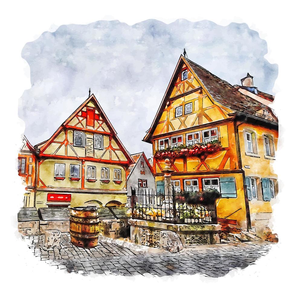 rothenburg Tyskland vattenfärg skiss hand dragen illustration vektor