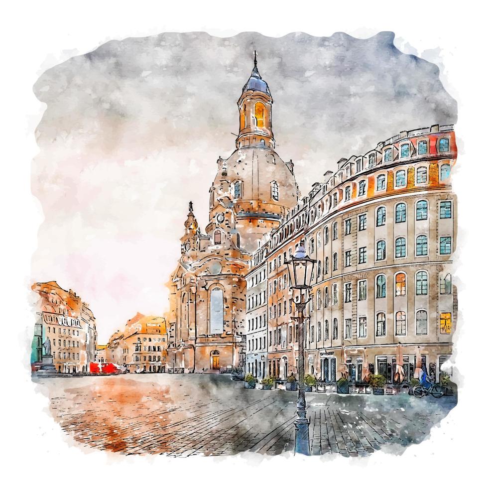 frauenkirche dresden Tyskland vattenfärg skiss hand dragen illustration vektor