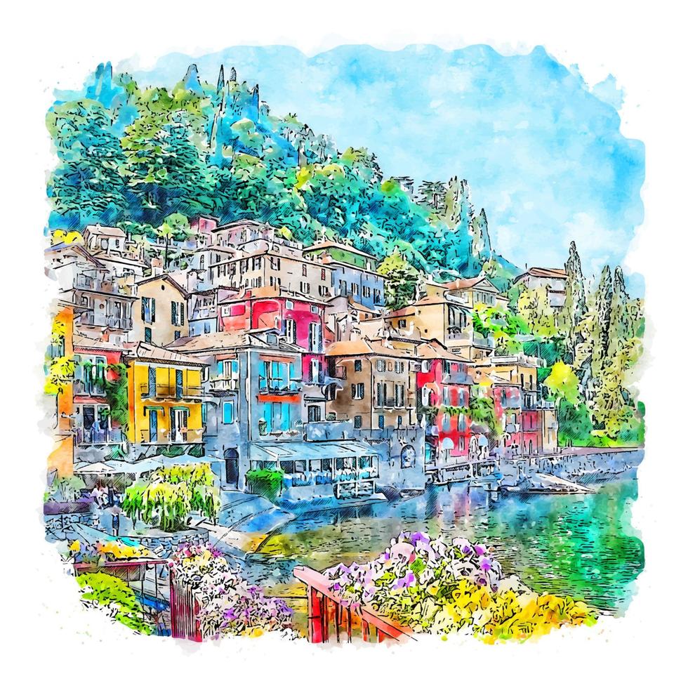 varenna italien aquarellskizze handgezeichnete illustration vektor