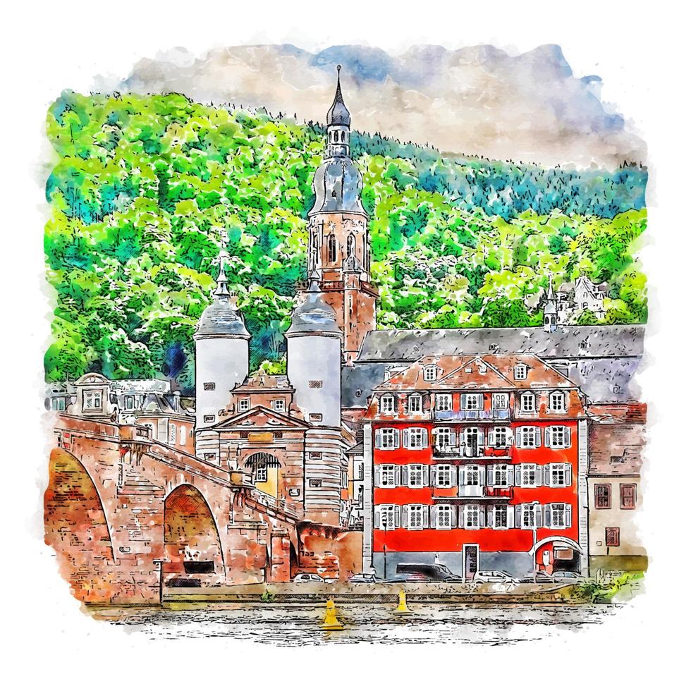 Heidelberg Tyskland vattenfärg skiss hand dragen illustration vektor
