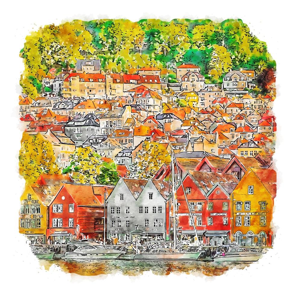 bergen norwegen aquarellskizze handgezeichnete illustration vektor