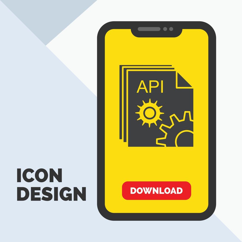 api, app, kodning, utvecklaren, programvara glyf ikon i mobil för ladda ner sida. gul bakgrund vektor