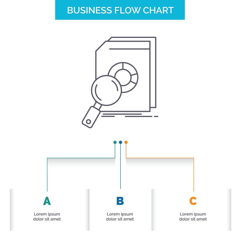 Analyse. Daten. finanziell. Markt. Design von Geschäftsflussdiagrammen mit 3 Schritten. Liniensymbol für Präsentation Hintergrundvorlage Platz für Text vektor