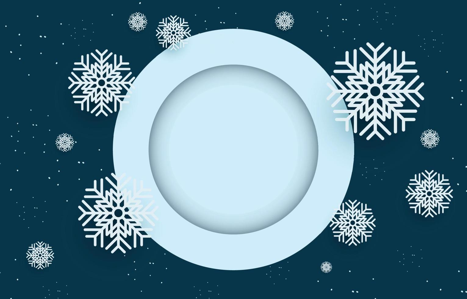 mörk blå bakgrund med tom cirkel ram dekorerad med snöflingor, vektor illustration av vinter- jul och ny år.