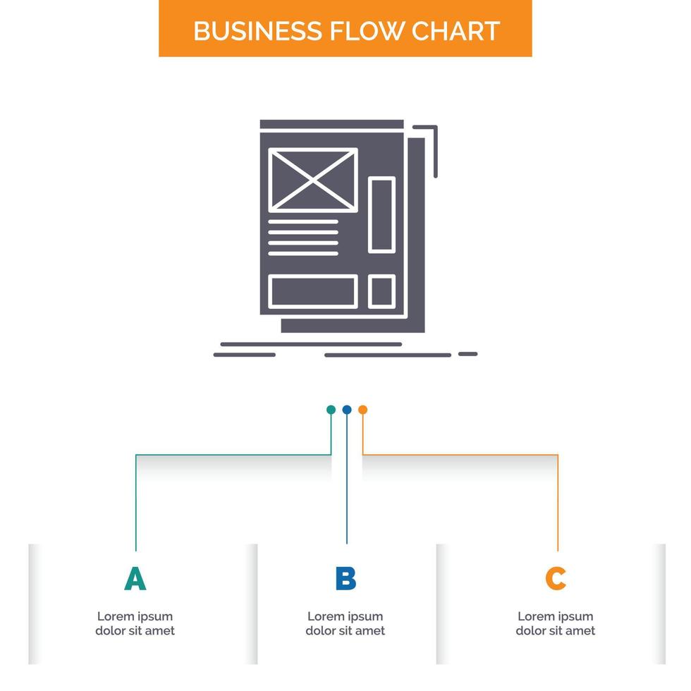 Wire, Framing, Web, Layout, Development Business Flow Chart Design mit 3 Schritten. Glyphensymbol für Präsentationshintergrundvorlage Platz für Text. vektor