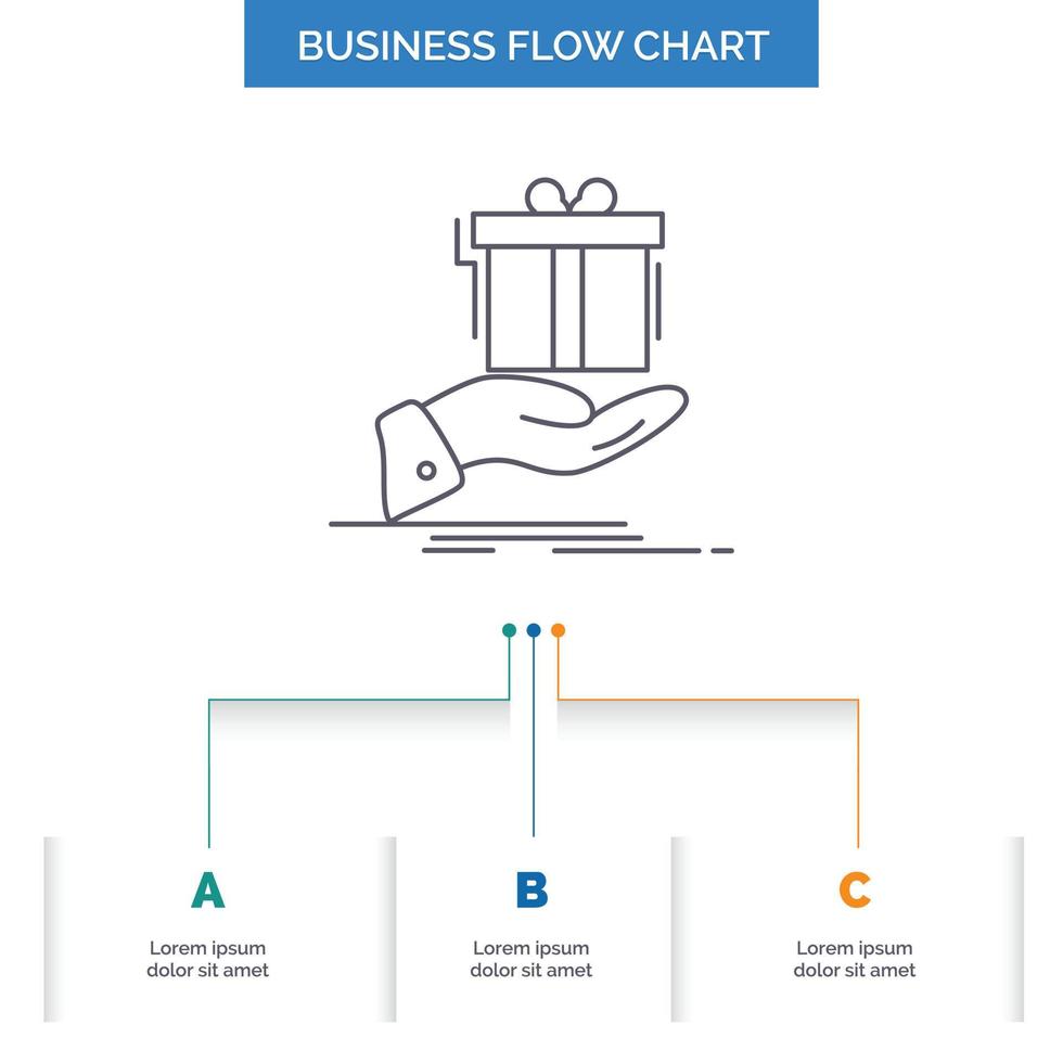 Geschenk. Überraschung. Lösung. Idee. Geburtstags-Business-Flow-Chart-Design mit 3 Schritten. Liniensymbol für Präsentation Hintergrundvorlage Platz für Text vektor