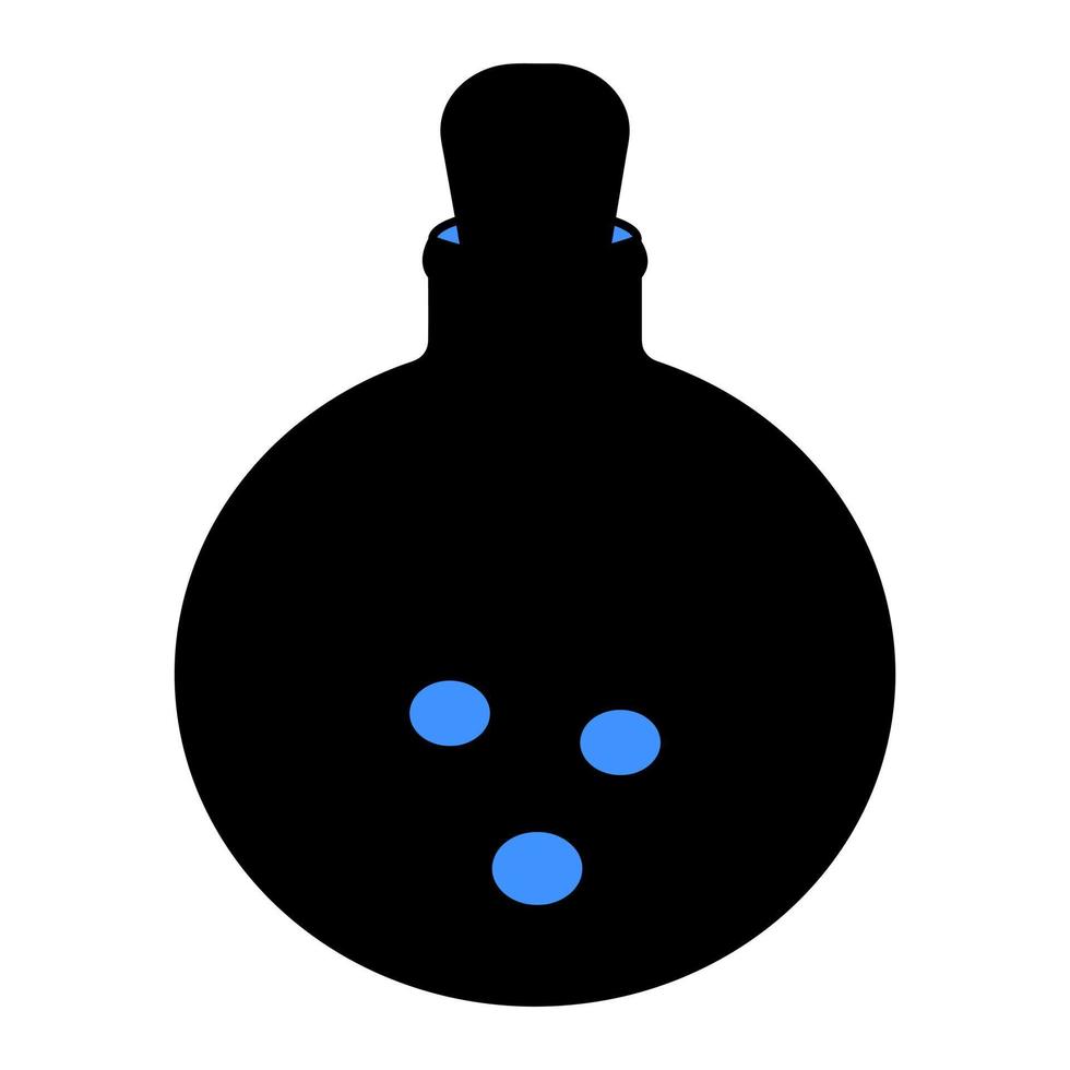 en flaska av magi trolldryck. silhuett. vektor illustration. häxa avkok i en runda flaska. blå bubblor är flygande uppåt. de fartyg är tätt sluten med en propp. halloween symbol.