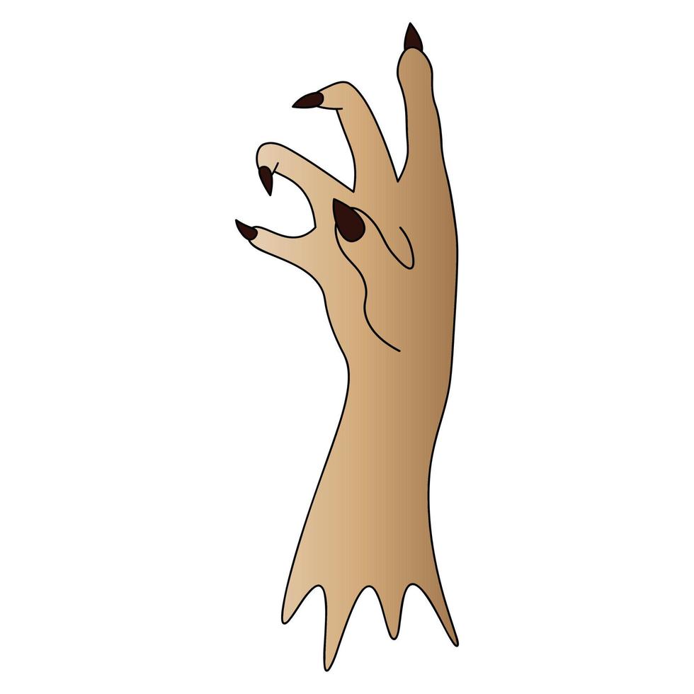 der Handstumpf eines Toten. Seitenansicht. gebogene Finger mit scharfen Krallen. farbige Vektorillustration. isolierter weißer Hintergrund. Cartoon-Stil. Halloween-Symbol. Dekoration für Allerheiligen. vektor