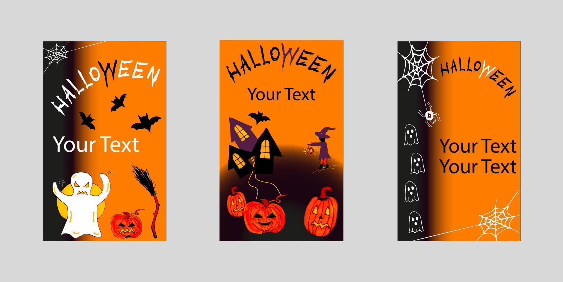 halloween-partykarte geisterbesen spinne kürbis und gruseliges haus hintergrund orange schwarz hell halloween urlaub ankündigungsplakat vektor
