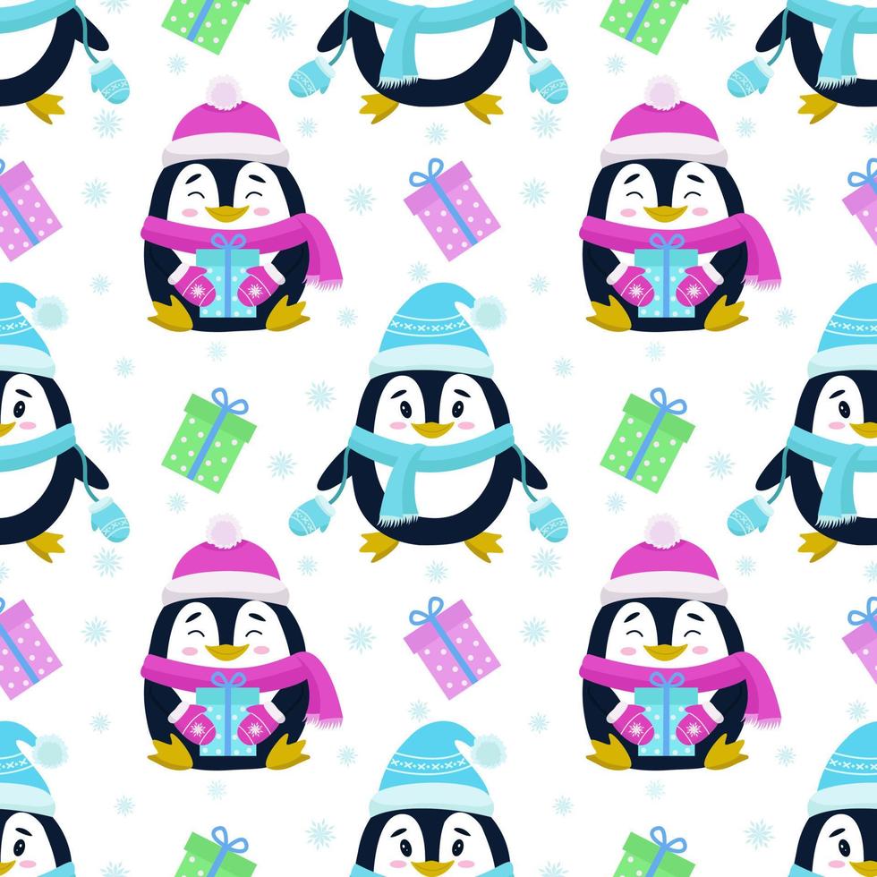 Vektornahtloses Muster mit dem Bild von Pinguinen, Geschenken und Schneeflocken. nahtloser Vektordruck auf Kinderstoffen, Tapeten, Textilien, Verpackungen, Design. vektor