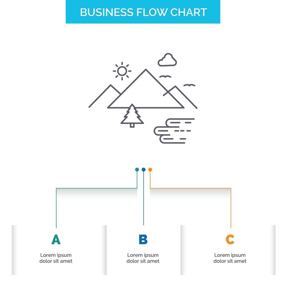 Berge. Natur. draussen. Wolken. Sun-Business-Flow-Chart-Design mit 3 Schritten. Liniensymbol für Präsentation Hintergrundvorlage Platz für Text vektor