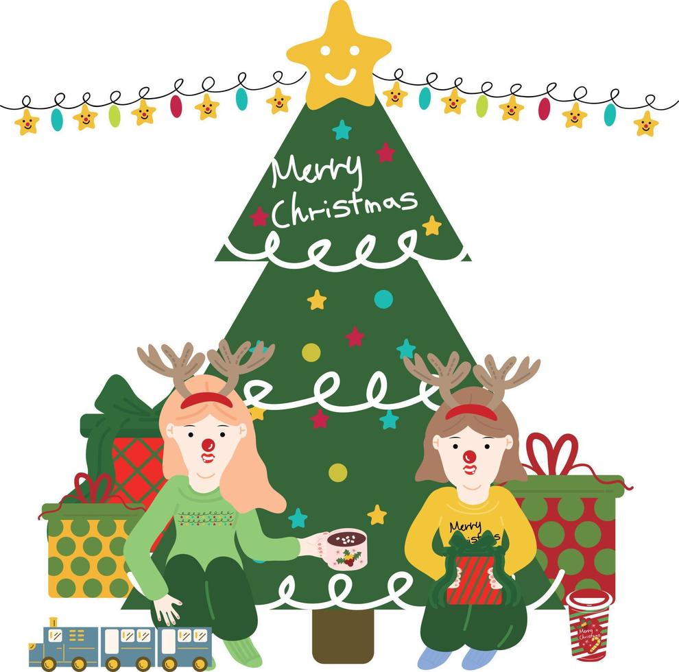 Weihnachtsmädchen. Girlanden, Fahnen, Etiketten, Luftblasen, Bänder und Aufkleber. sammlung von dekorativen symbolen der frohen weihnachten vektor