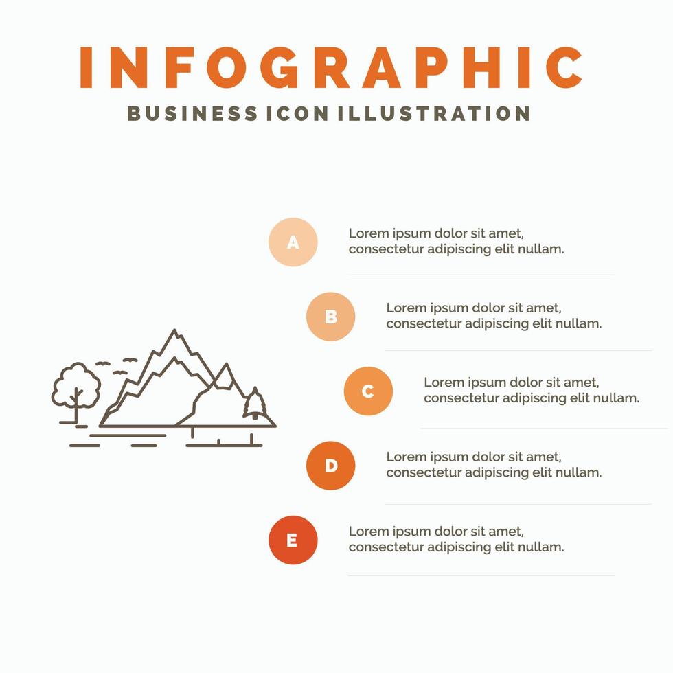 hügel. Landschaft. Natur. Berg. Baum-Infografik-Vorlage für Website und Präsentation. Linie graues Symbol mit orangefarbener Infografik-Stil-Vektorillustration vektor