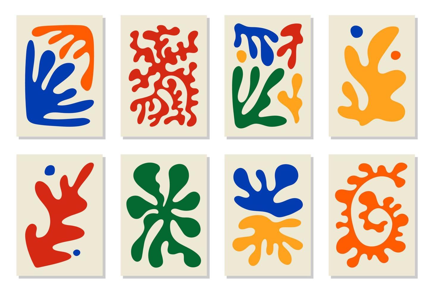 Set aus 8 von Matisse inspirierten Wandkunstpostern, Broschüren, Flyervorlagen, zeitgenössischen Collagen. organische Linie abstraktes Muster, handgezeichnetes Design, einfache Tapete. dynamische Formen grafischer Vintage-Vektor vektor