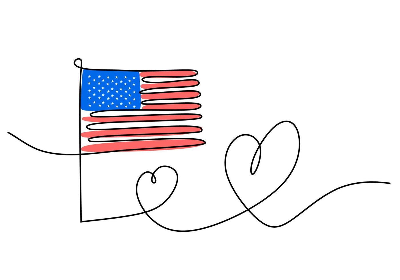 eine durchgehende einzelne linie des patriotentages mit amerikanischer flagge und liebe vektor