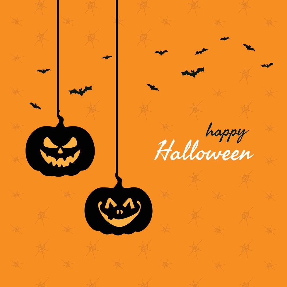 halloween skrämmande pumpa och fladdermus flygande på ett orange och gul bakgrund. Lycklig halloween social media posta design. vektor