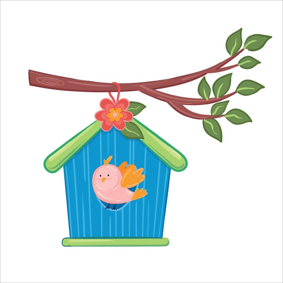 vektor illustration vår fågelholk med söt rosa fågel hängande på en träd gren