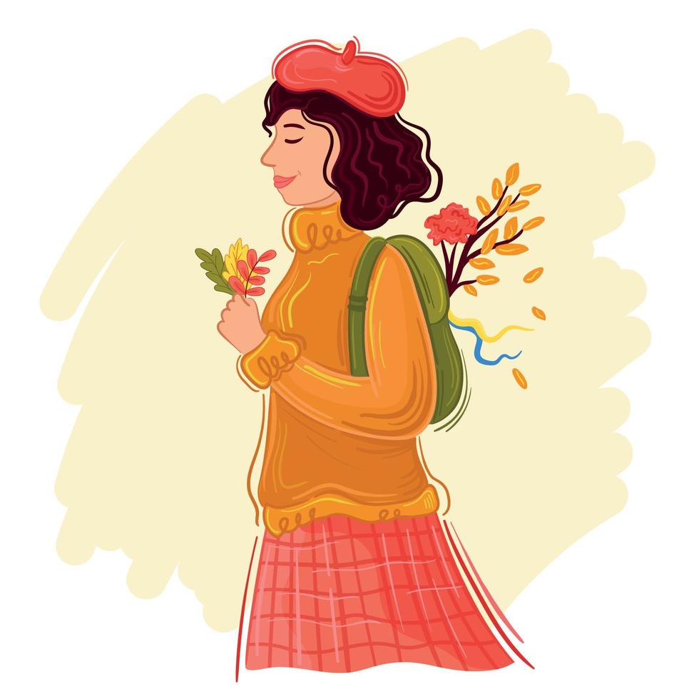 vektor illustration kvinna flicka njuter höst promenad med ryggsäck höst löv