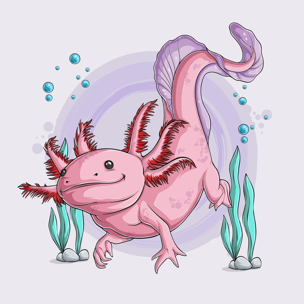 hand dragen söt axolotl ambystom mexicanum simning isolerat på vit bakgrund vektor