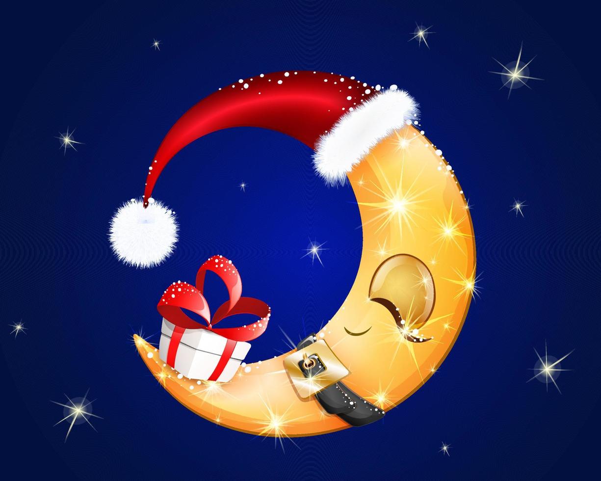 niedlicher glänzender mond der karikatur in weihnachtsmütze und gürtel, weihnachtsgeschenkbox auf sternenklarem nachthintergrund vektor