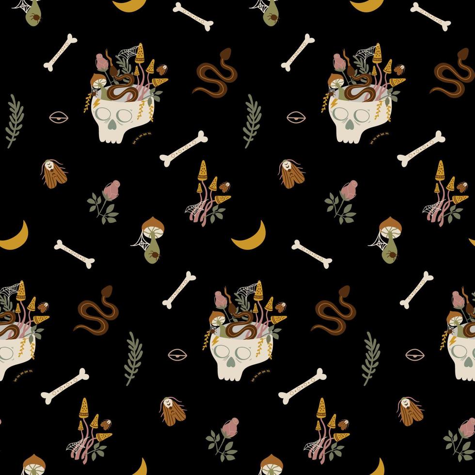 blommig skalle mysterium mönster. mörk akademiska sömlös skriva ut. mänsklig skalle huvud, svamp, orm, fjäril illustration för halloween bakgrund. häxa hantverk papper design. skelett tapet. vektor design.