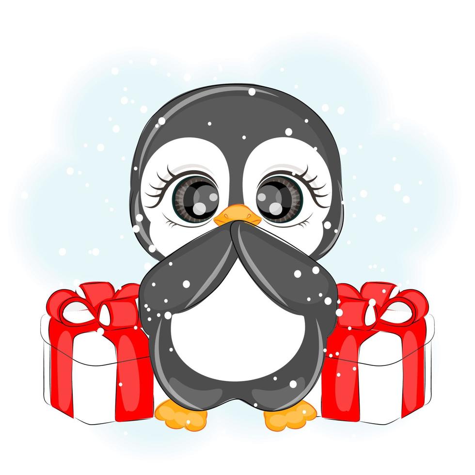 weihnachtssüßer pinguin mit geschenken, vektorillustration vektor