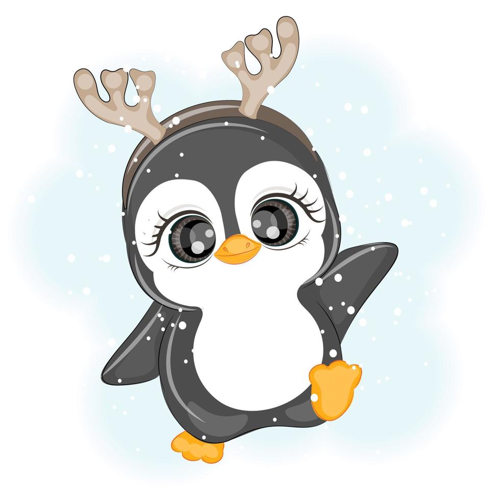 jul söt pingvin med ren horn, vektor illustration