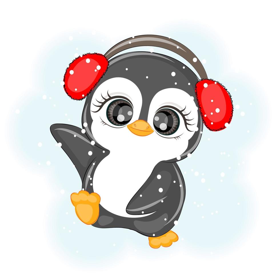 jul söt pingvin i päls hörlurar, vektor illustration