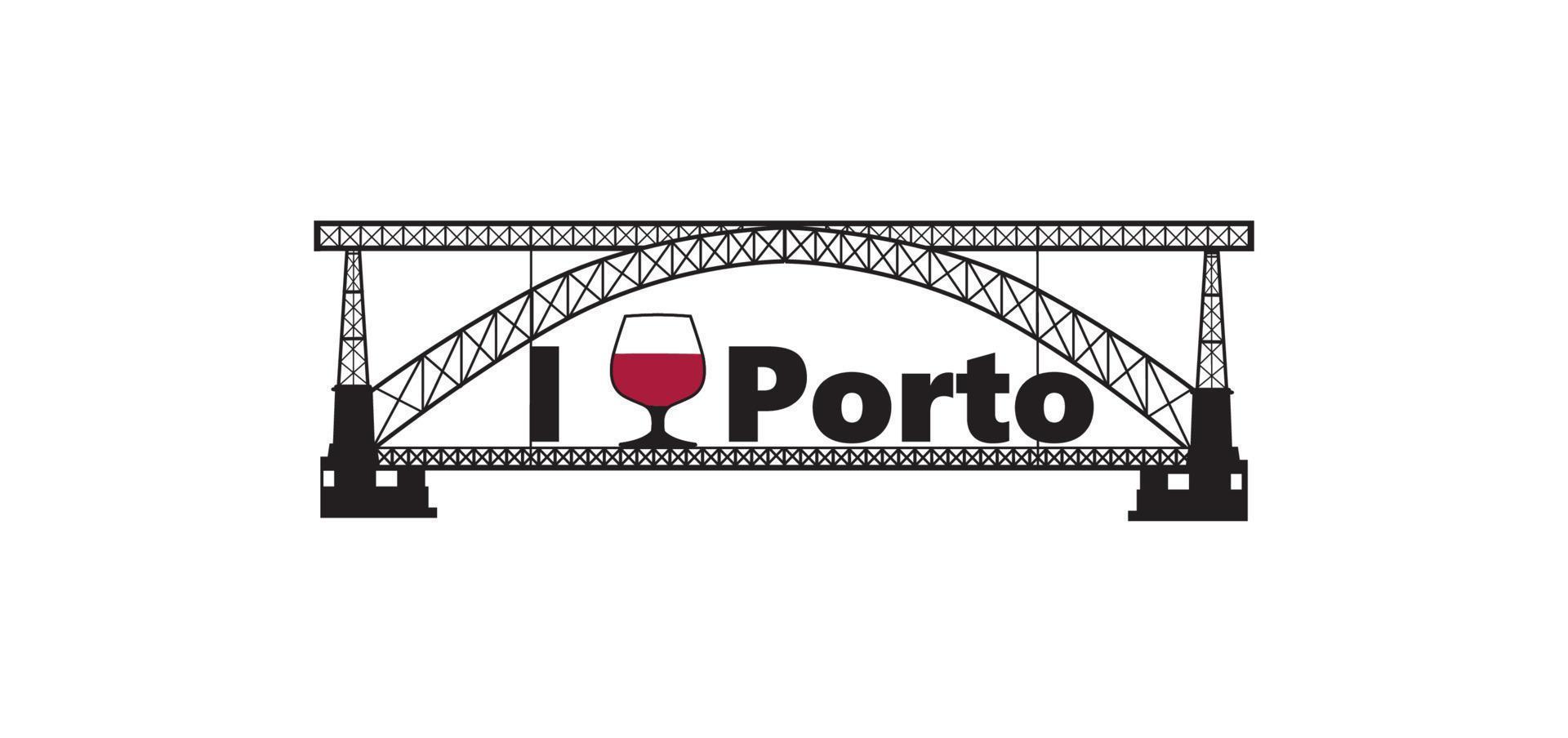 portugal stad porto horisontell baner. text jag kärlek porto med traditionell porto vin glas och känd stad landmärke eiffel bro främre se. vektor