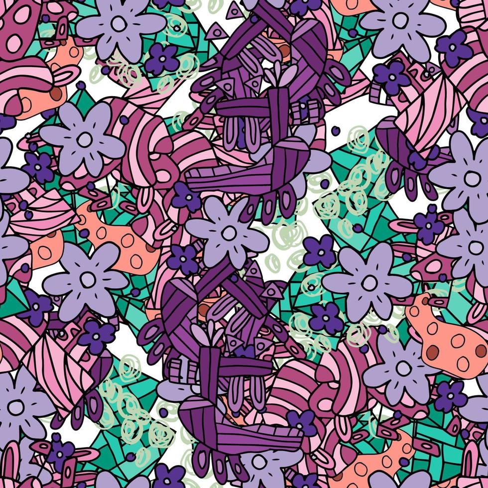 Fantasie chaotisch Freihand Gekritzel geometrische Formen und Blumen Musterdesign. Infinity Ditsy Scribble abstrakte Karte, Layout. kreativer Hintergrund. Textilien, Stoffe, Packpapier. vektor