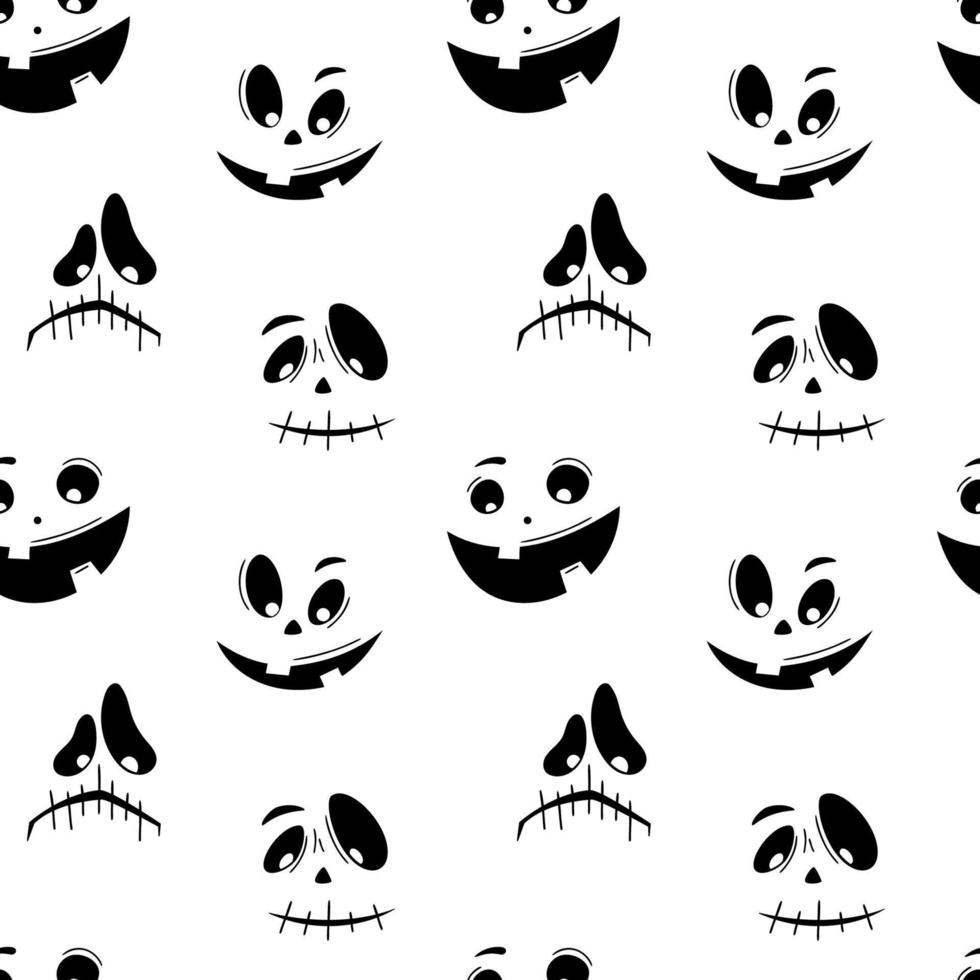sömlös mönster med känslor halloween pumpor på vit bakgrund. rolig ansikten för klippbok digital papper, textil- skriva ut, sida fylla. vektor illustration
