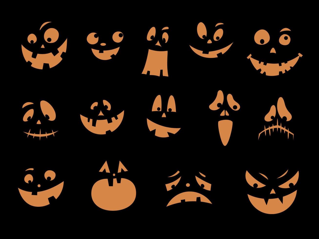 Gruselige und lustige Halloween-Kürbis- oder Geistergesichter auf schwarzem Hintergrund. sammlung geschnitzte gesichter silhouetten. Halloween-Masken. lächelnde Gesichter. Kürbis Lächeln. Vektor-Illustration vektor