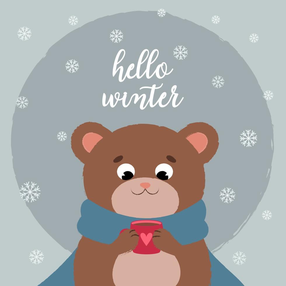 schriftzug hallo winter. Postkarte mit einem süßen Bären. vektor