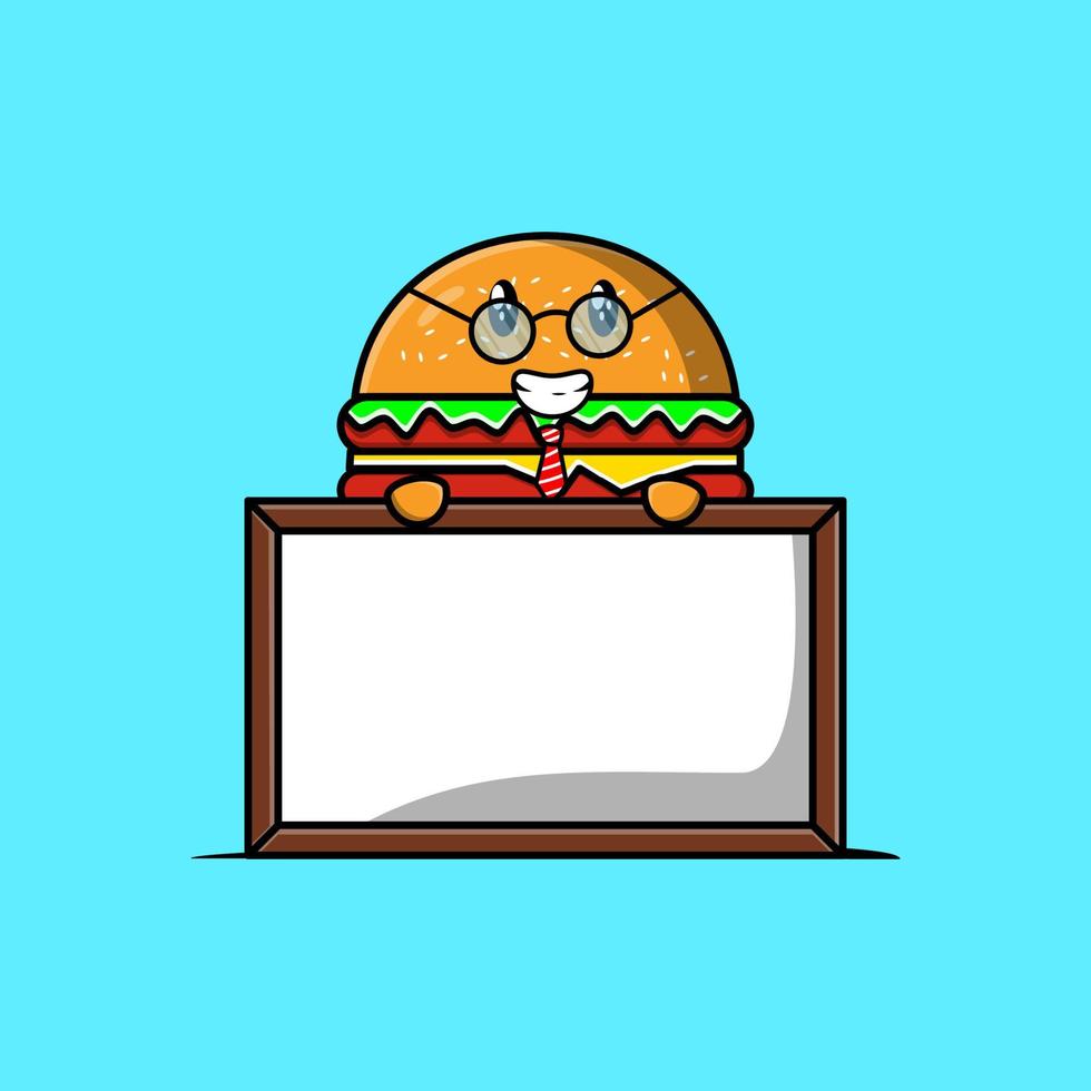 söt tecknad serie burger lärare med stor whiteboard vektor