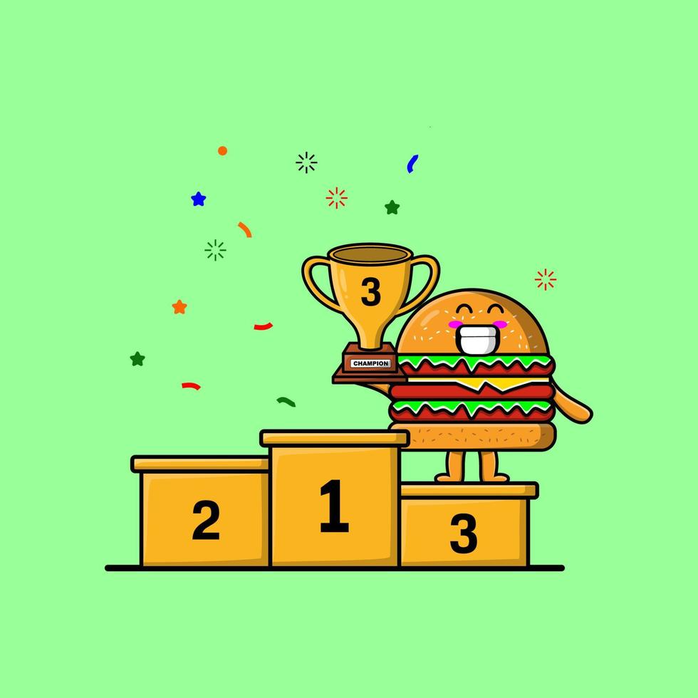 söt tecknad serie burger karaktär som de tredje vinnare vektor