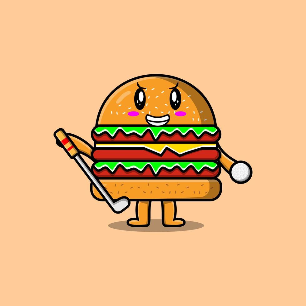 niedlicher Cartoon-Burger-Charakter, der Golf spielt vektor