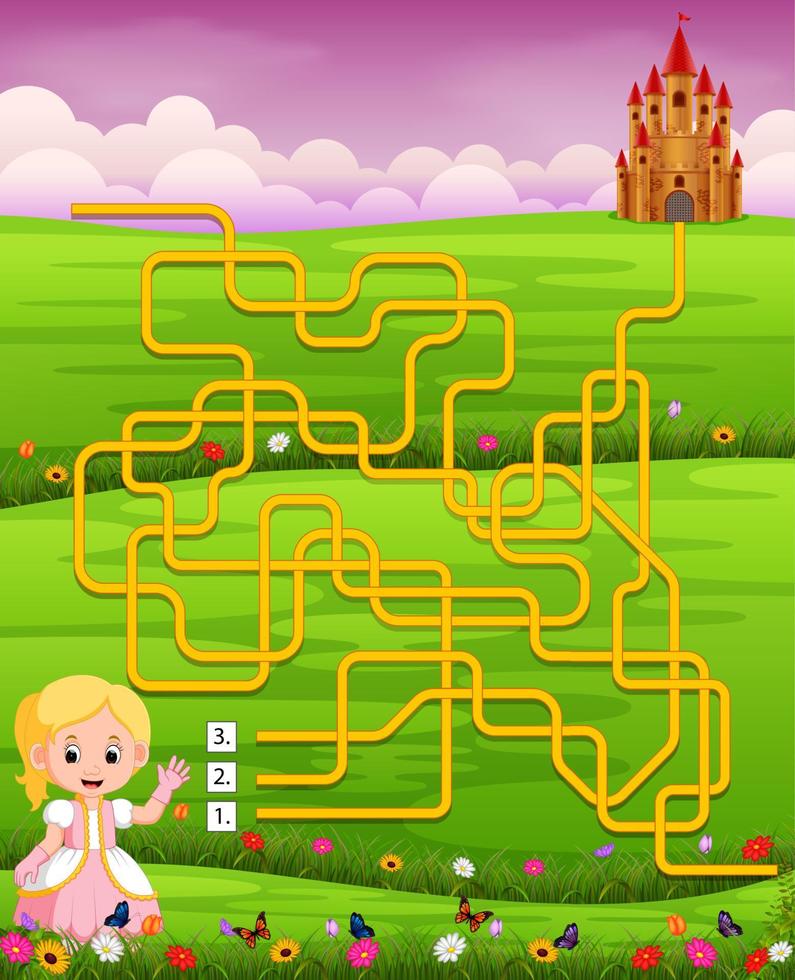 labyrinthspielvorlage mit prinzessin und schlosshintergrund vektor