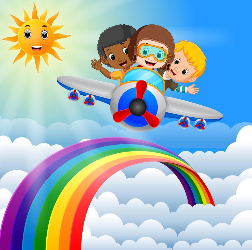 lustiger junge, der flugzeug über regenbogen fährt vektor