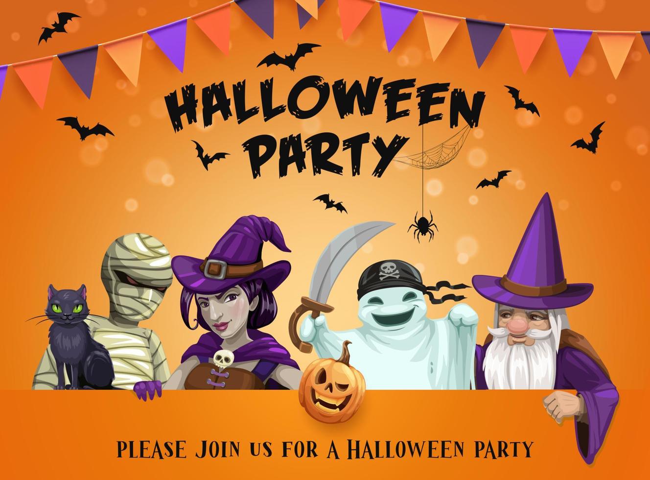 halloween-partyplakat mit hexe, geist, zauberer vektor