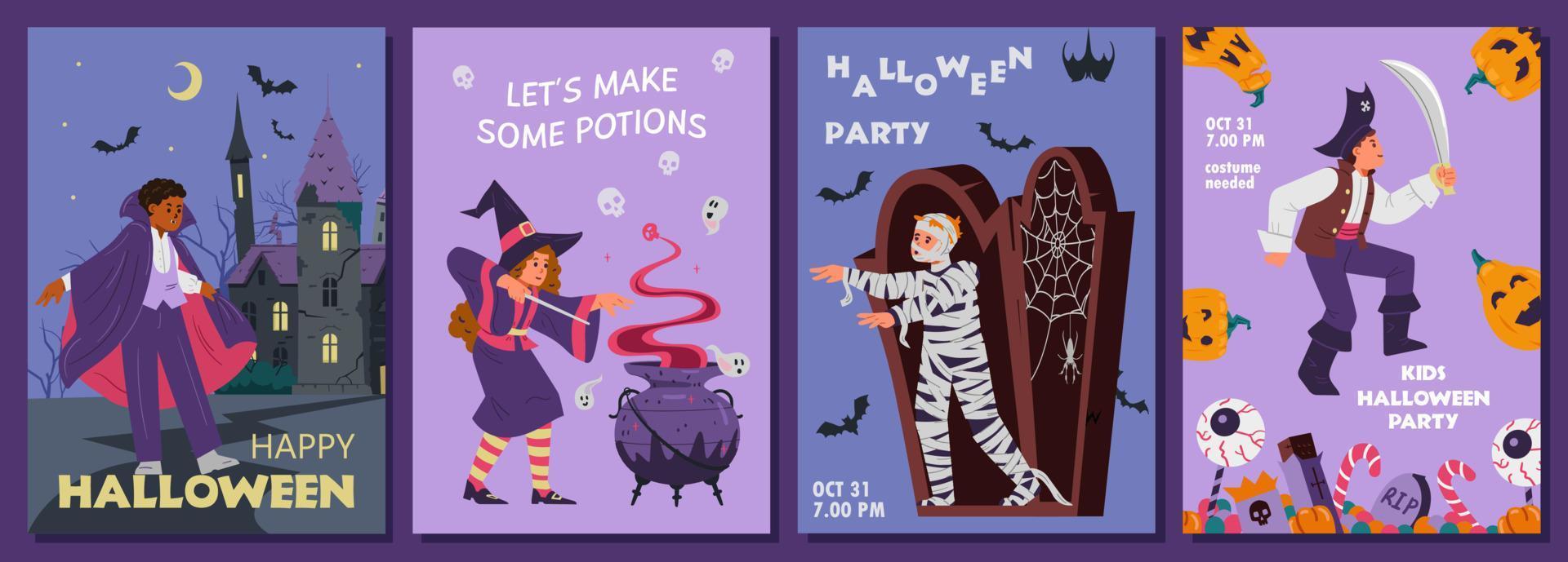 halloween barn fest inbjudan kort vektor uppsättning. barn i annorlunda kostymer, halloween dekorationer illustrationer.