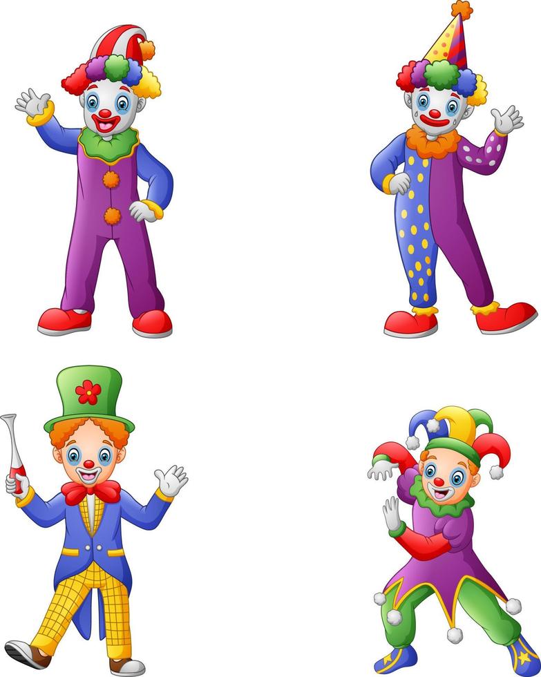 Eine Reihe farbenfroher, freundlicher Clowns in klassischen Outfits vektor