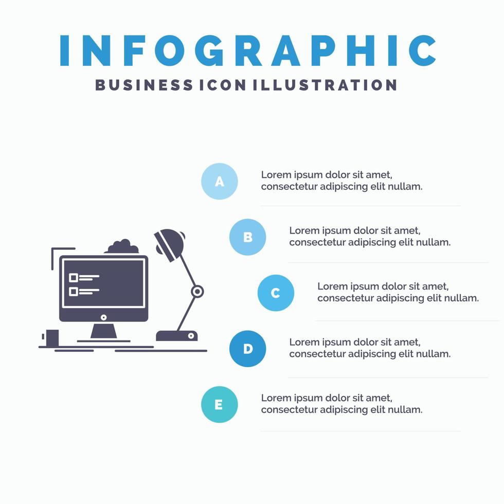 arbetsplats. arbetsstation. kontor. lampa. dator infographics mall för hemsida och presentation. glyf grå ikon med blå infographic stil vektor illustration.