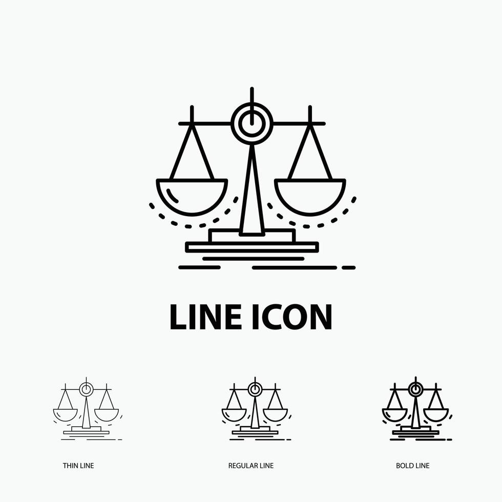 balans. beslut. rättvisa. lag. skala ikon i tunn. regelbunden och djärv linje stil. vektor illustration