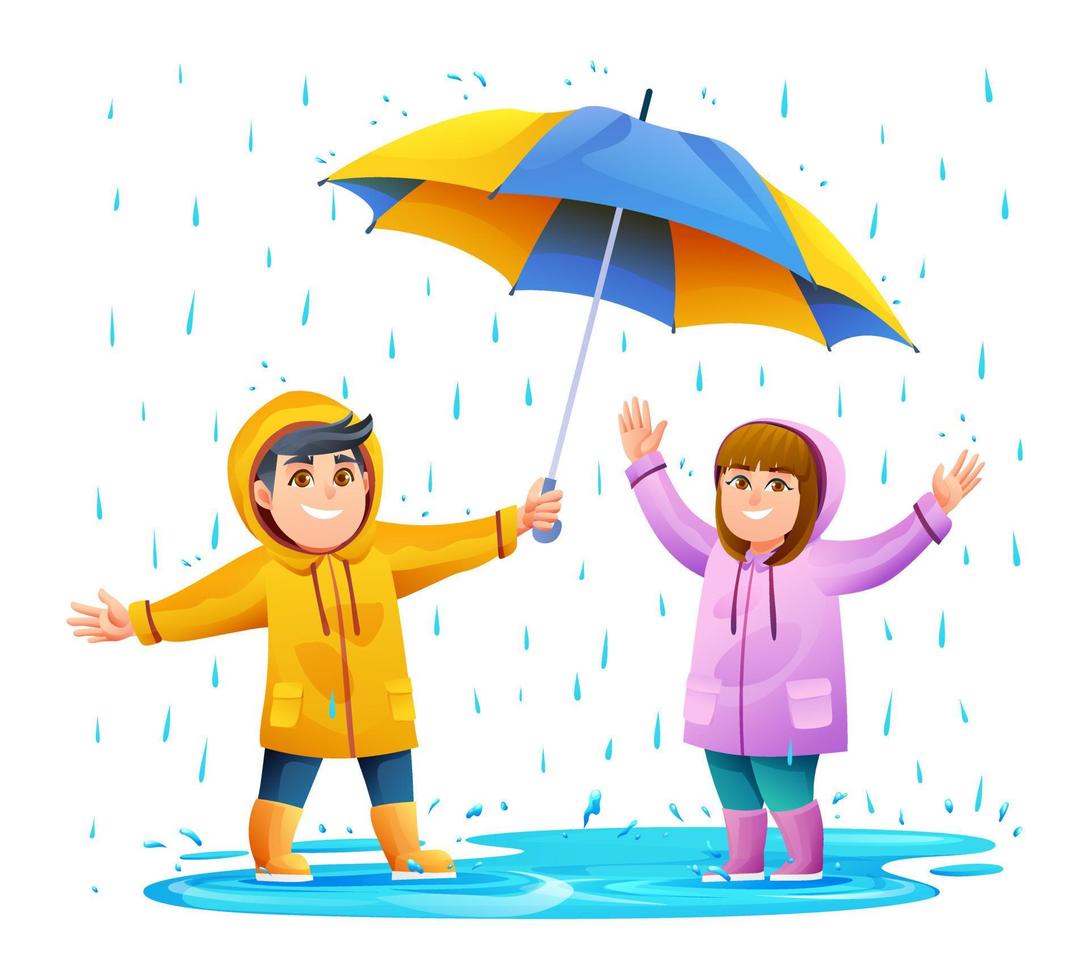 fröhlicher junge und mädchen mit regenschirm in der regenillustration vektor