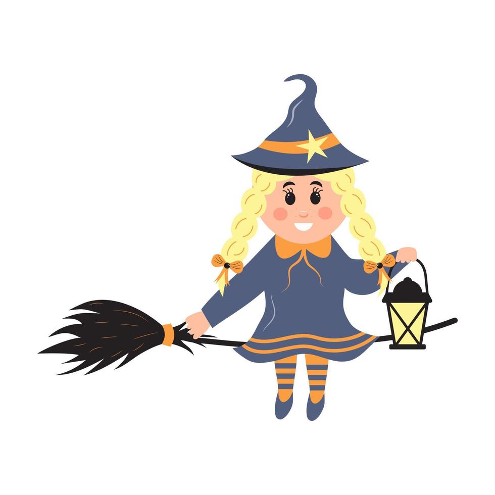 süße kleine Hexe auf einem Besen mit Laterne. Halloween-Zeichentrickfigur. vektor